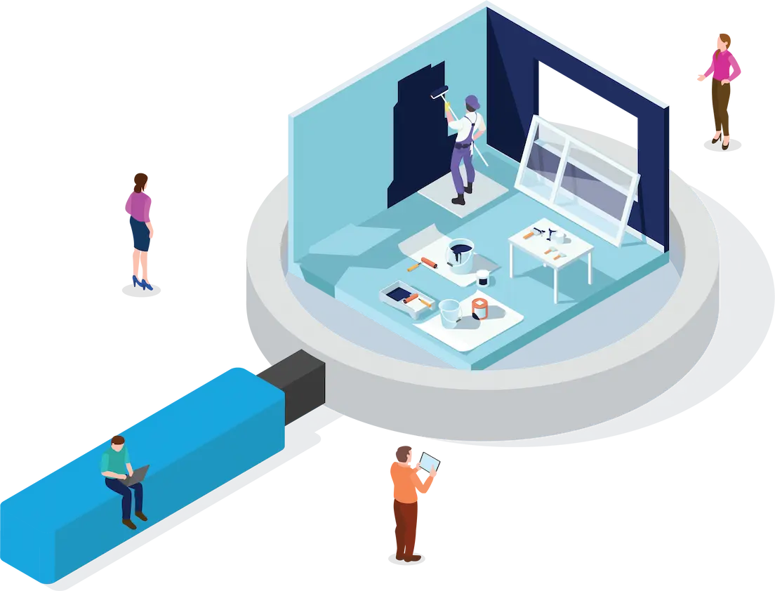 Illustration of a painter on a big magnifying glass